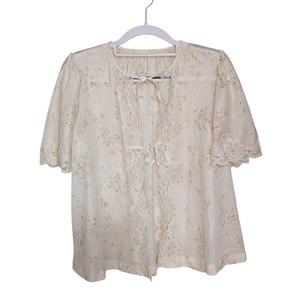 Vintage 1970s Tom Bezduda for Barad & Co Floral Lace Sheer Tie Front Blouse
